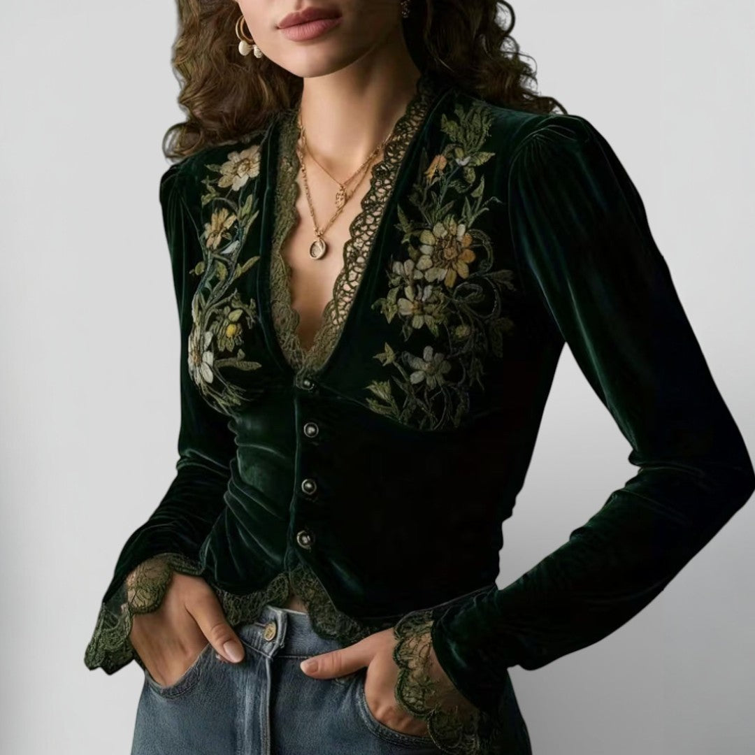 Isabel™ | Blusa de terciopelo bordado floral