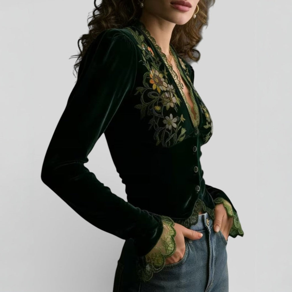 Isabel™ | Blusa de terciopelo bordado floral
