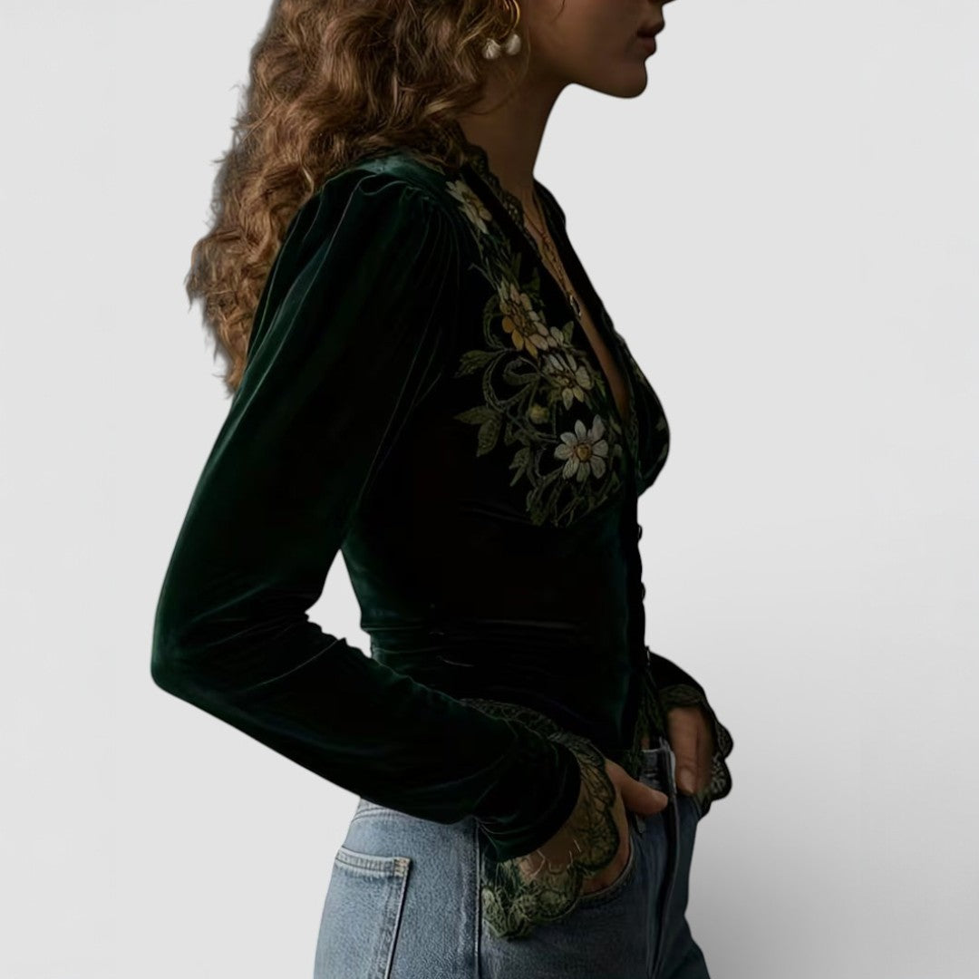Isabel™ | Blusa de terciopelo bordado floral