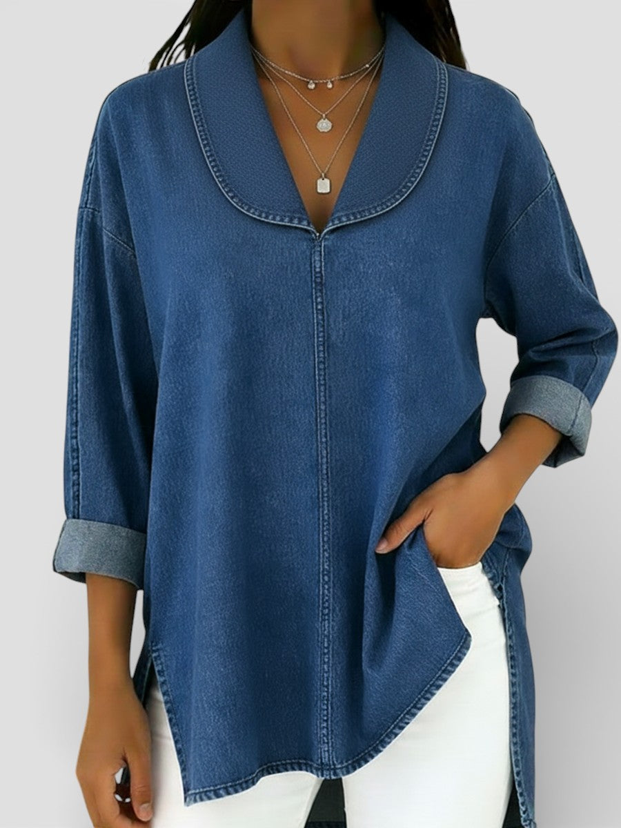 Alicia™ | Blusa vaquera retro con cuello chal