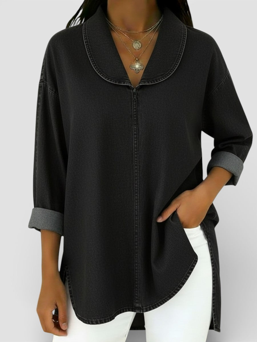 Alicia™ | Blusa vaquera retro con cuello chal